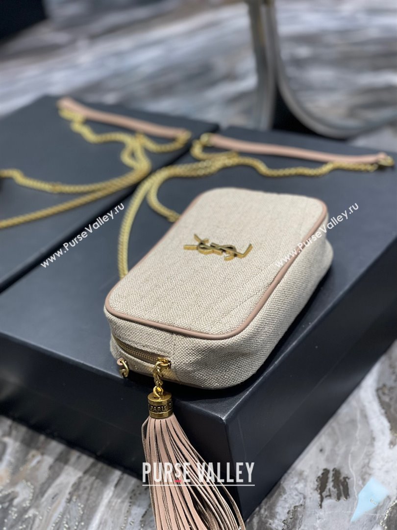 Saint Laurent Lou Mini Camera Bag with Tassel in Matelasse Cotton Linen 585040 Beige 2025 (YY-250206046)