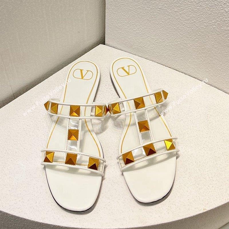 Valentino Roman Stud Flat Slide Sandals in Leather and PVC White 2023 VT102704 (MD-231027107)