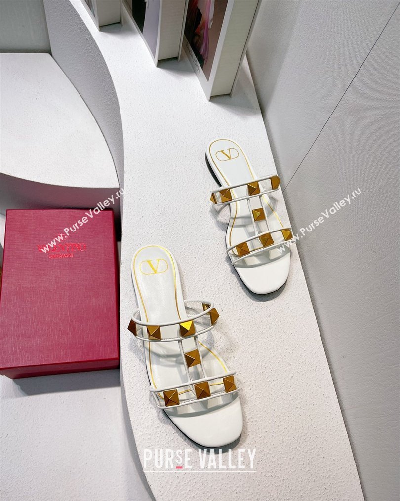 Valentino Roman Stud Flat Slide Sandals in Leather and PVC White 2023 VT102704 (MD-231027107)