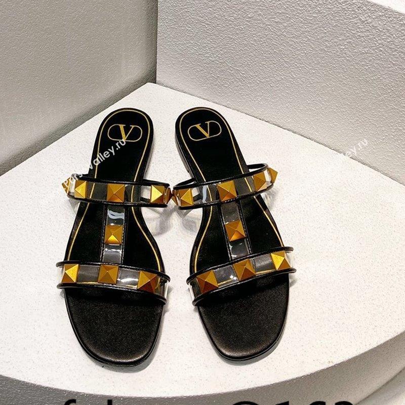 Valentino Roman Stud Flat Slide Sandals in Leather and PVC Black 2023 VT102704 (MD-231027108)