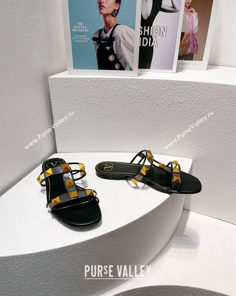 Valentino Roman Stud Flat Slide Sandals in Leather and PVC Black 2023 VT102704 (MD-231027108)