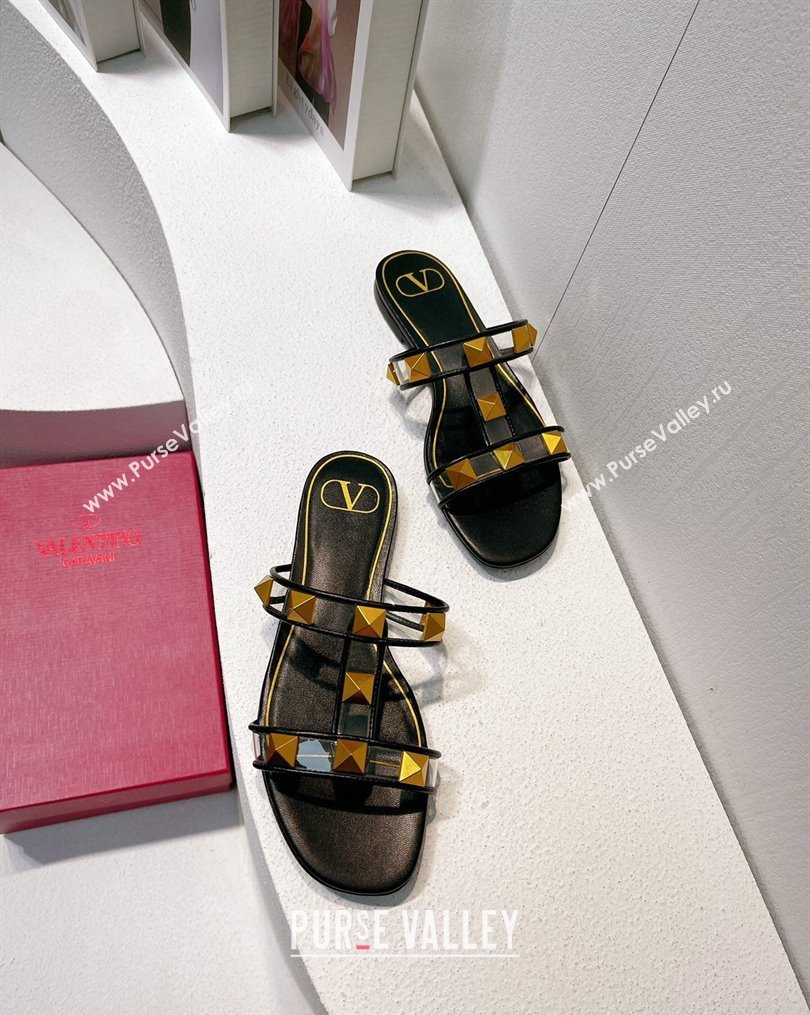 Valentino Roman Stud Flat Slide Sandals in Leather and PVC Black 2023 VT102704 (MD-231027108)