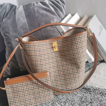 Celine Bucket 16 Bag in Brown Houndstooth Fabric 2021 (BL-21090404)