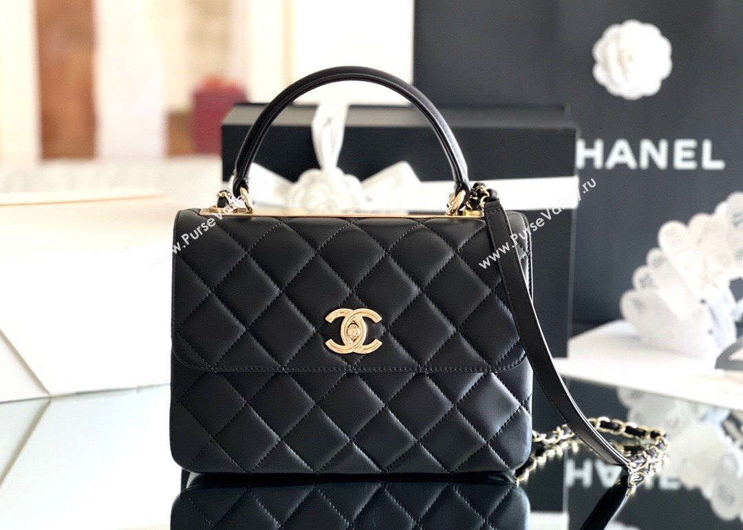 Chanel Trendy CC Quilted Lambskin Flap Bag with Top handle and Metal-Tone Band A92236 Black 2024 Top Quality (MHE-24072203)