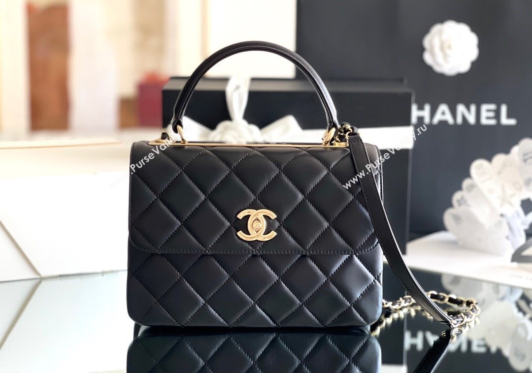 Chanel Trendy CC Quilted Lambskin Flap Bag with Top handle and Metal-Tone Band A92236 Black 2024 Top Quality (MHE-24072203)