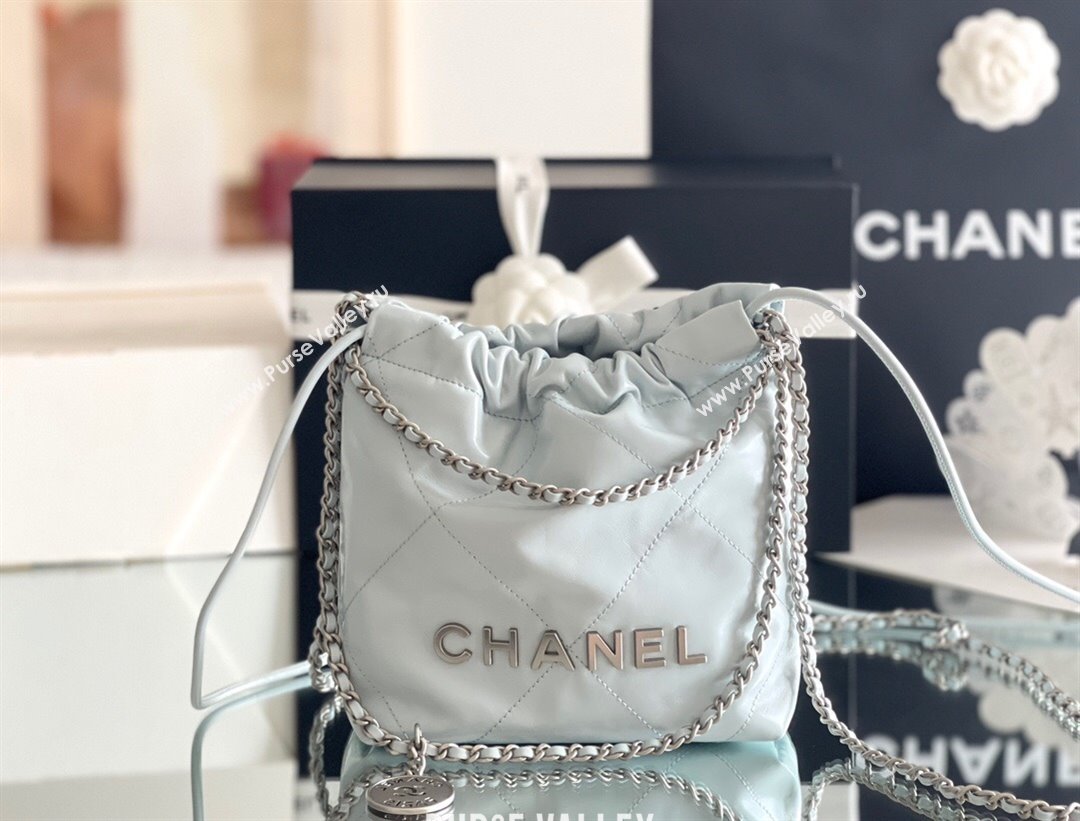 Chanel 22 Mini Bag in Shiny Calfskin AS3980 Light Blue/Silver 2024 Top Quality (MHE-24072204)