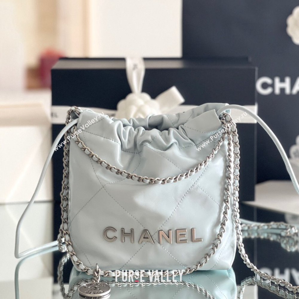 Chanel 22 Mini Bag in Shiny Calfskin AS3980 Light Blue/Silver 2024 Top Quality (MHE-24072204)