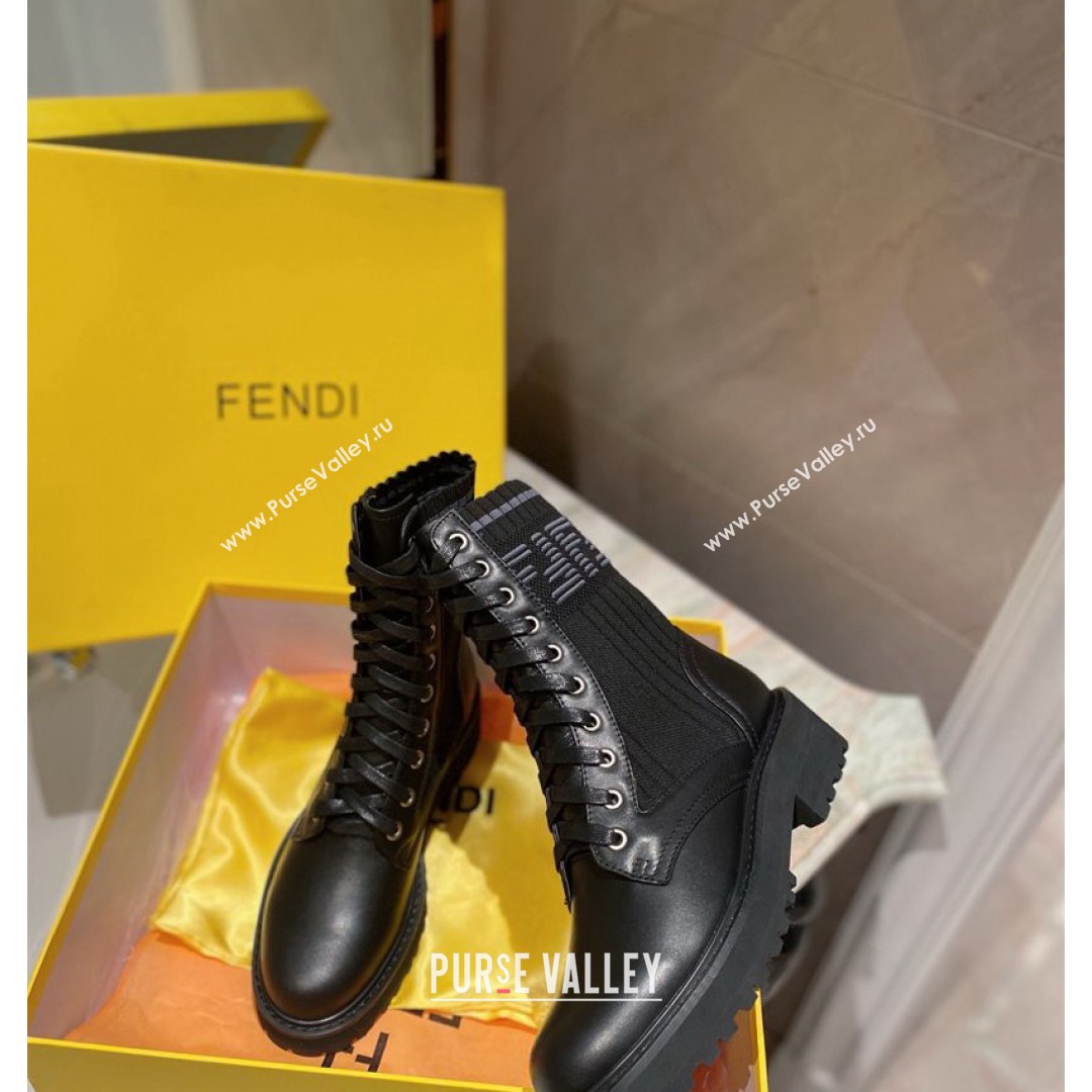 Fendi Rockoko Calfskin and Knit Ankle Boots Black 2021 03 (MD-21081245)