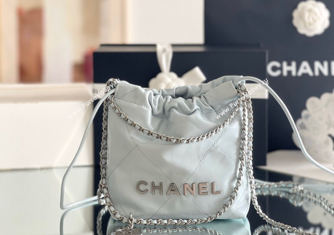 Chanel 22 Mini Bag in Shiny Calfskin AS3980 Light Blue/Silver 2024 Top Quality (MHE-24072204)