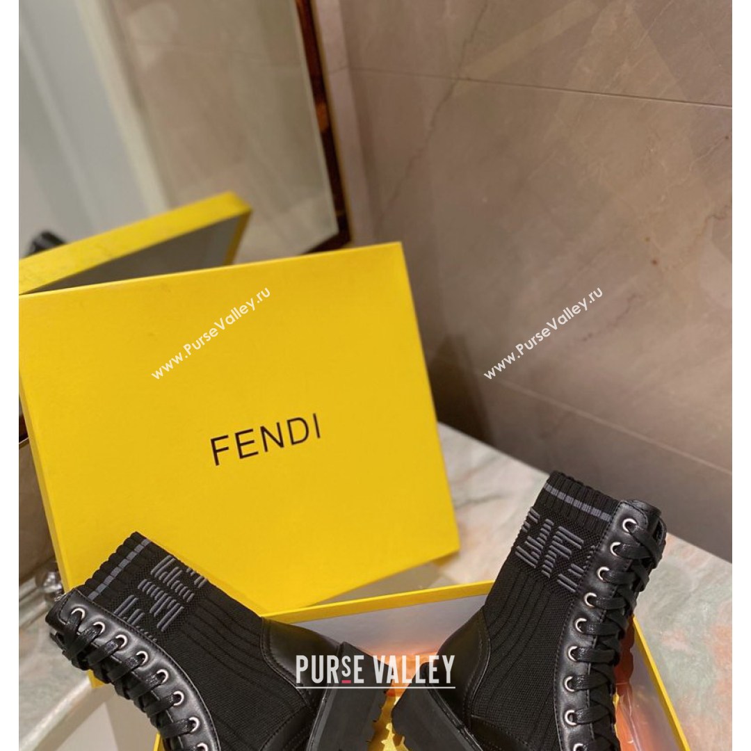 Fendi Rockoko Calfskin and Knit Ankle Boots Black 2021 03 (MD-21081245)