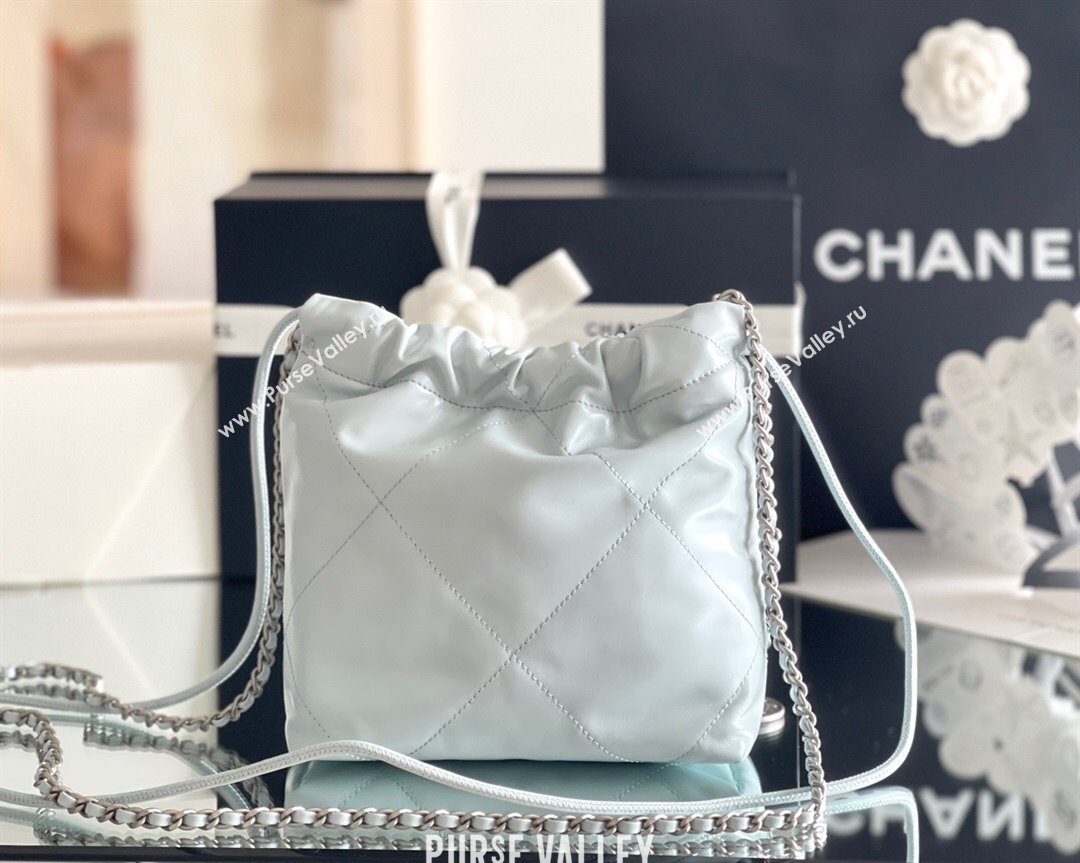 Chanel 22 Mini Bag in Shiny Calfskin AS3980 Light Blue/Silver 2024 Top Quality (MHE-24072204)