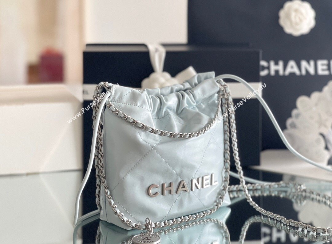 Chanel 22 Mini Bag in Shiny Calfskin AS3980 Light Blue/Silver 2024 Top Quality (MHE-24072204)