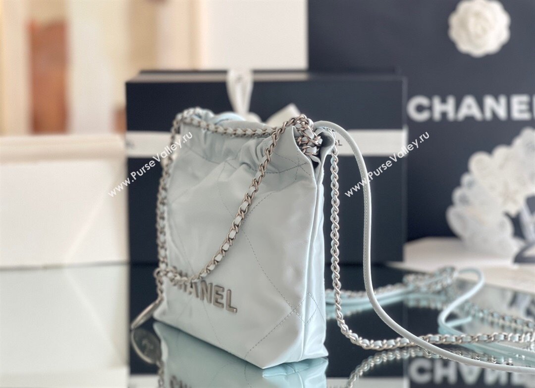 Chanel 22 Mini Bag in Shiny Calfskin AS3980 Light Blue/Silver 2024 Top Quality (MHE-24072204)