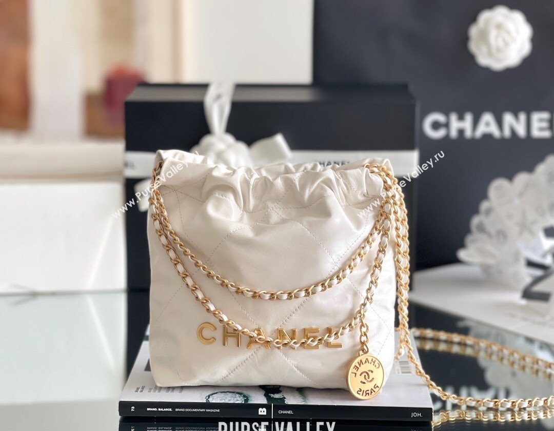 Chanel 22 Mini Bag in Shiny Calfskin AS3980 White/Gold 2024 Top Quality (MHE-24072205)