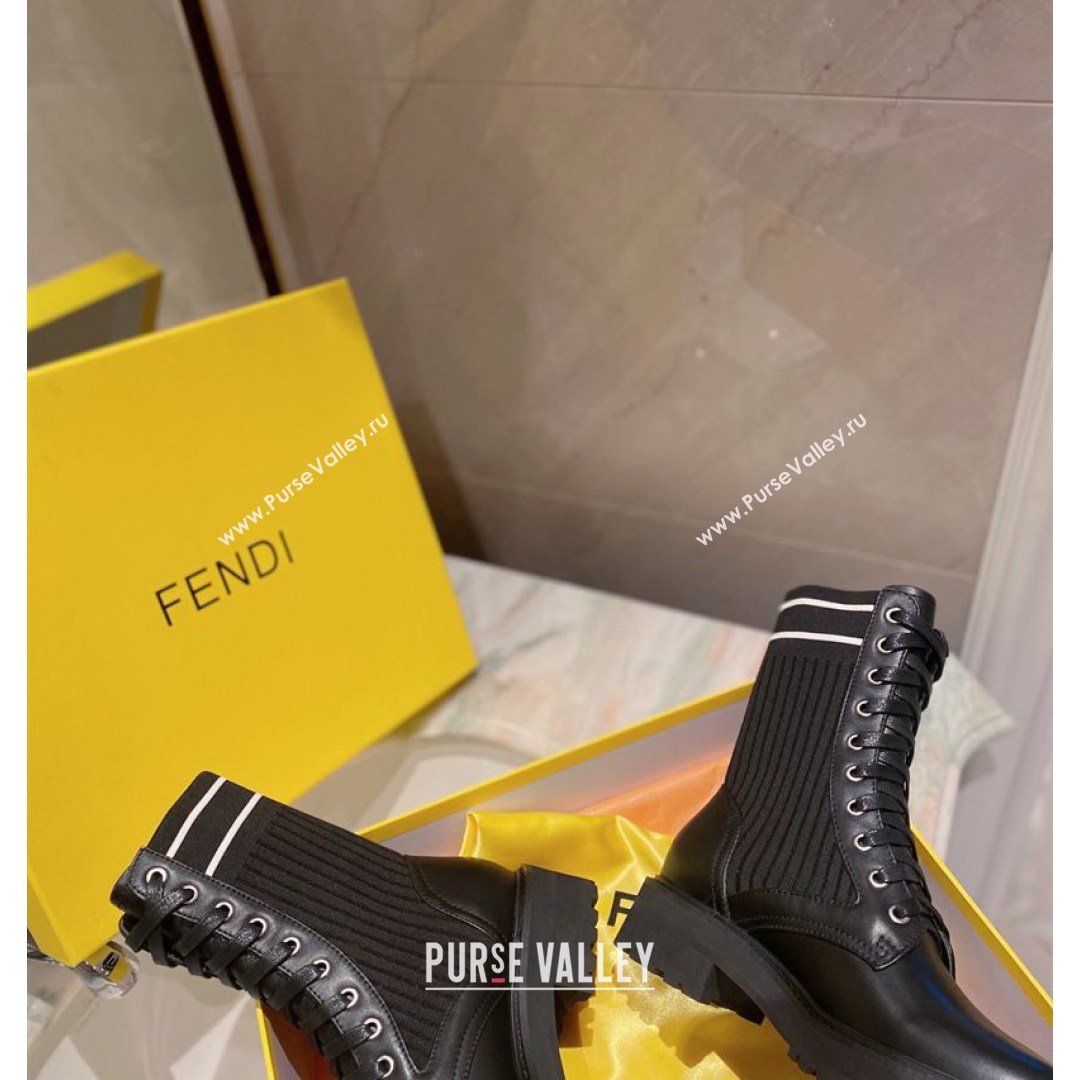 Fendi Rockoko Calfskin and Knit Ankle Boots Black 2021 04 (MD-21081246)