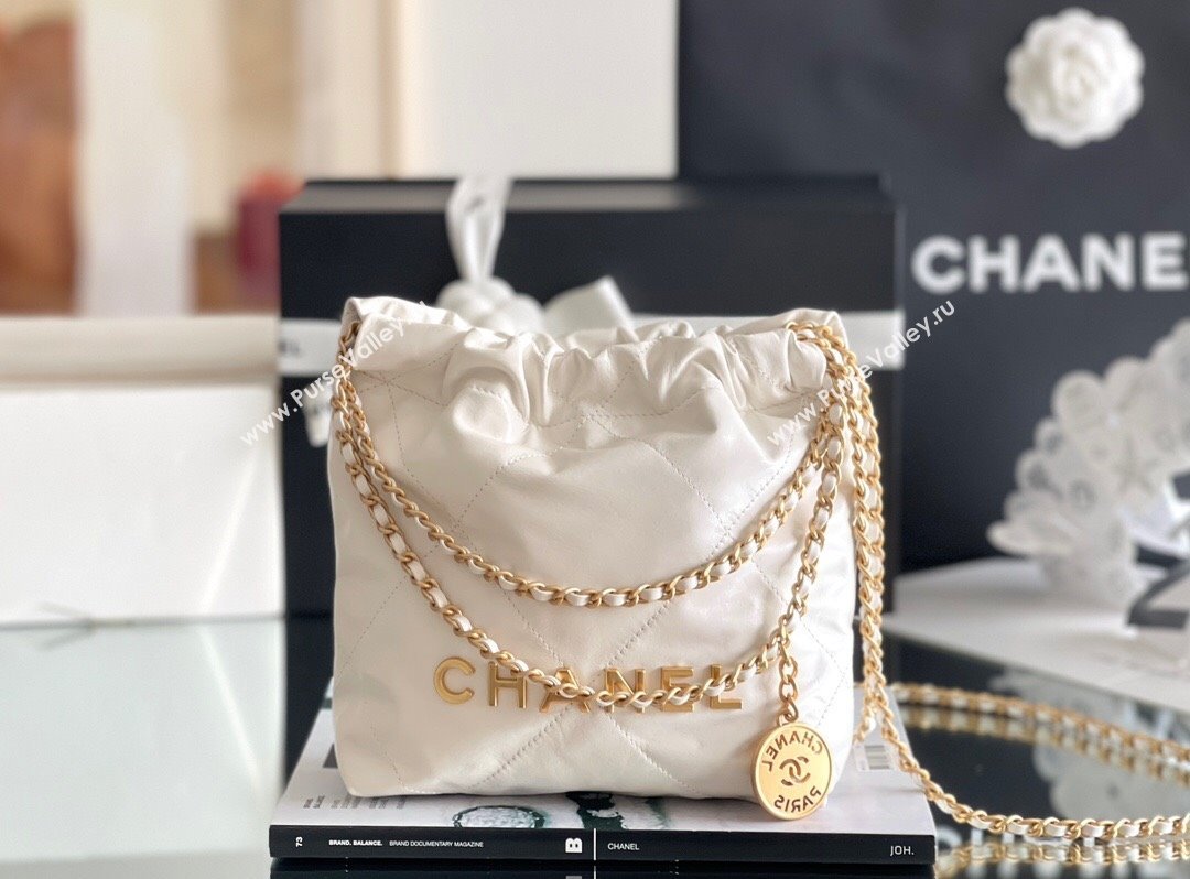 Chanel 22 Mini Bag in Shiny Calfskin AS3980 White/Gold 2024 Top Quality (MHE-24072205)