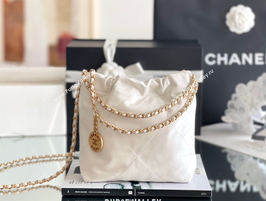 Chanel 22 Mini Bag in Shiny Calfskin AS3980 White/Gold 2024 Top Quality (MHE-24072205)