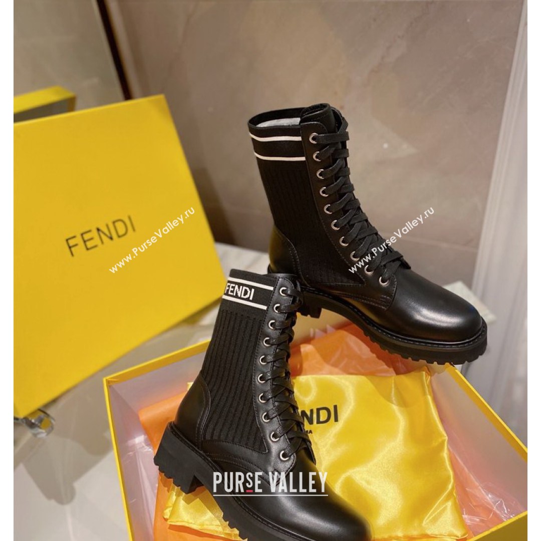 Fendi Rockoko Calfskin and Knit Ankle Boots Black 2021 04 (MD-21081246)