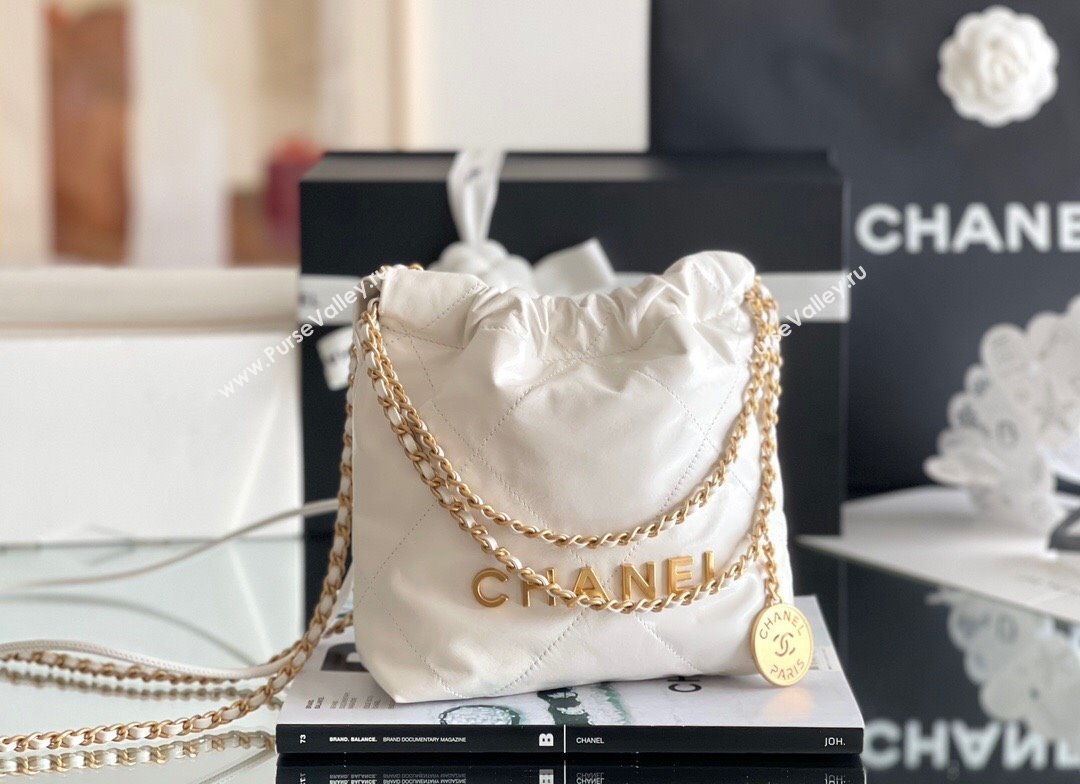 Chanel 22 Mini Bag in Shiny Calfskin AS3980 White/Gold 2024 Top Quality (MHE-24072205)