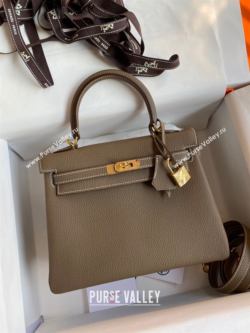 Hermes Kelly 25/28cm Bag in Original Togo Leather Etoupe/Gold 2024(Handmade) (M-24022811)