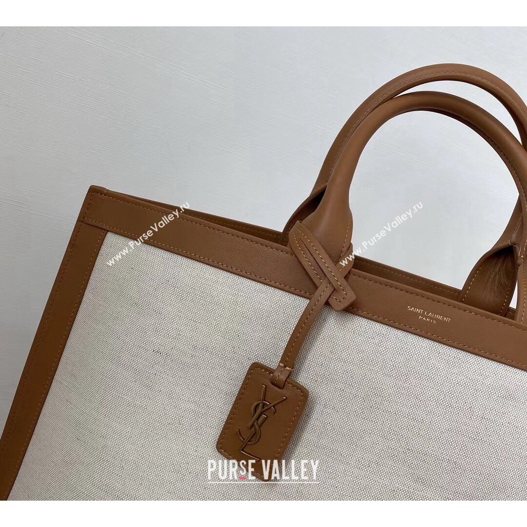 Saint Laurent Shopping Tag in Canvas and Leather 619757 Brown 2021 (YID-210827053)