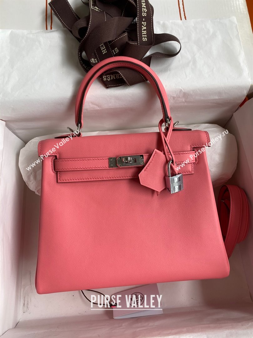 Hermes Kelly 25/28 Bag in Original Swift Leather Summer Pink/Silver 2024 (Full Handmade) (XYA-24040902)
