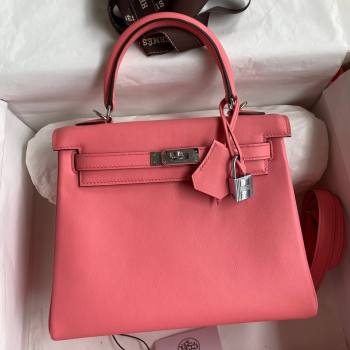 Hermes Kelly 25/28 Bag in Original Swift Leather Summer Pink/Silver 2024 (Full Handmade) (XYA-24040902)
