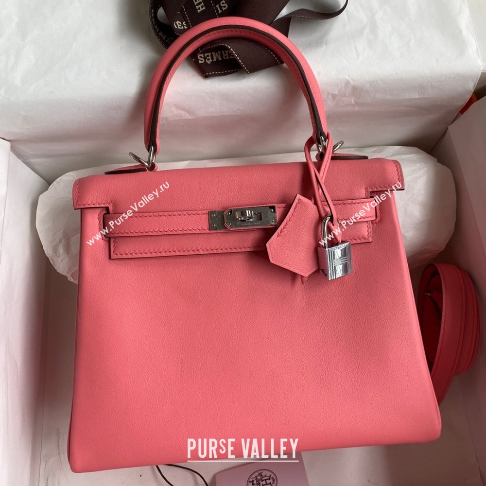 Hermes Kelly 25/28 Bag in Original Swift Leather Summer Pink/Silver 2024 (Full Handmade) (XYA-24040902)