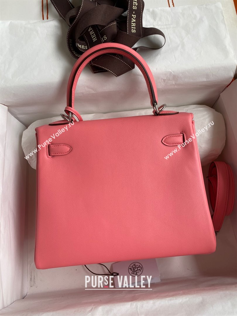 Hermes Kelly 25/28 Bag in Original Swift Leather Summer Pink/Silver 2024 (Full Handmade) (XYA-24040902)