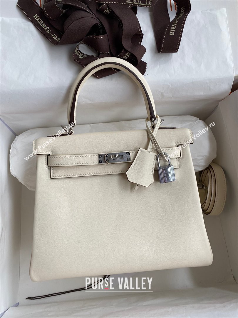 Hermes Kelly 25/28 Bag in Original Swift Leather Cream White/Silver 2024 (Full Handmade) (XYA-24040903)