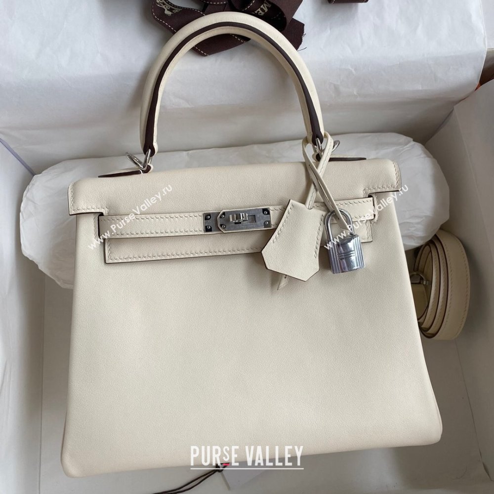 Hermes Kelly 25/28 Bag in Original Swift Leather Cream White/Silver 2024 (Full Handmade) (XYA-24040903)