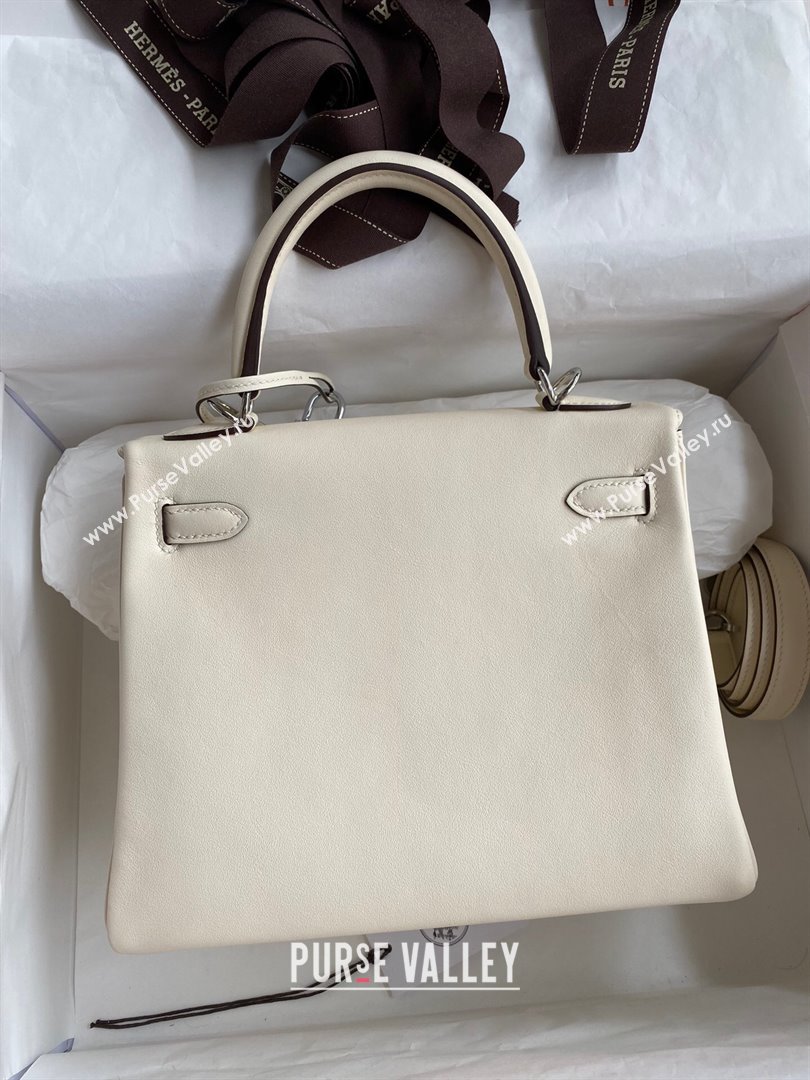 Hermes Kelly 25/28 Bag in Original Swift Leather Cream White/Silver 2024 (Full Handmade) (XYA-24040903)