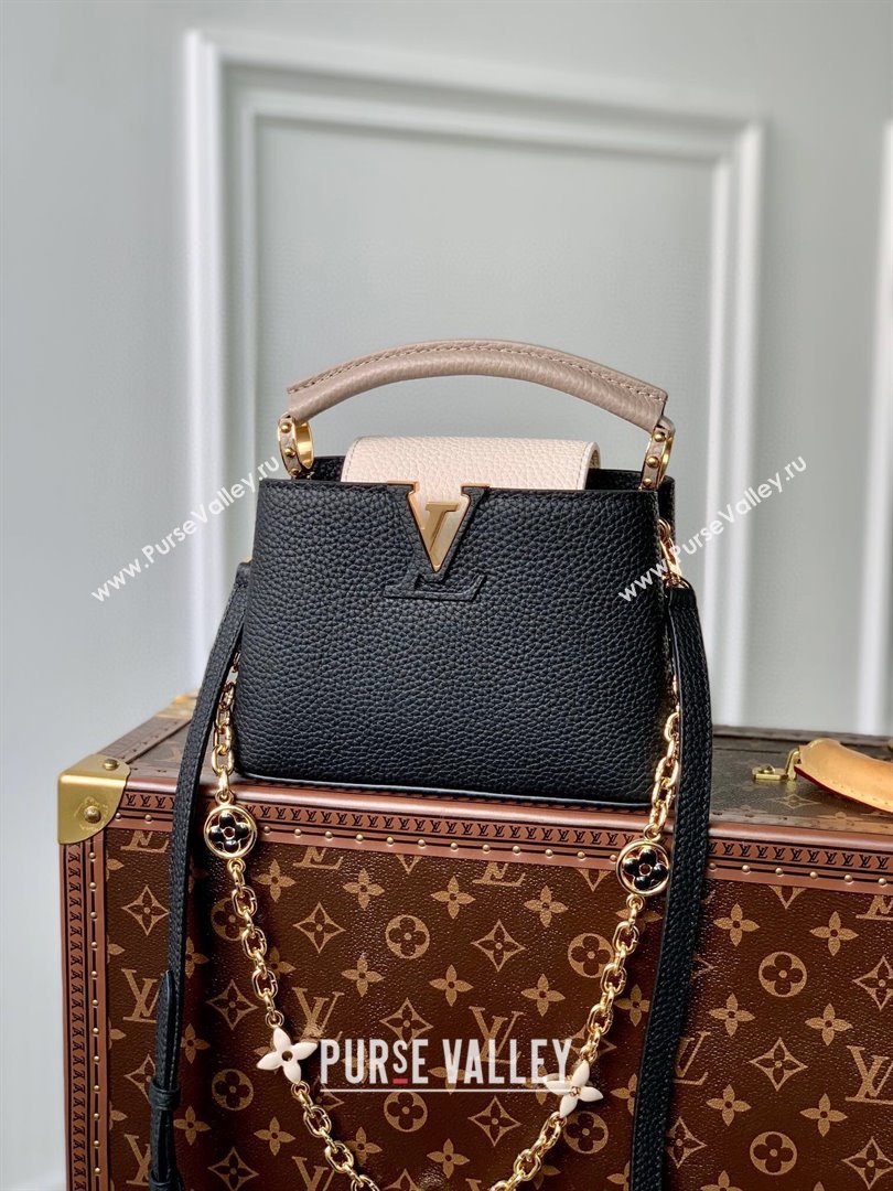 Louis Vuitton Capucines Mini Bag with Flower Chain in Taurillon Leather M20708 Black 2024 (KI-240218030)