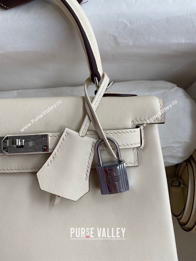 Hermes Kelly 25/28 Bag in Original Swift Leather Cream White/Silver 2024 (Full Handmade) (XYA-24040903)