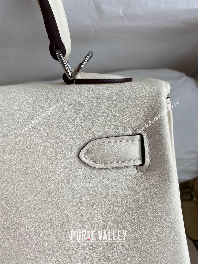 Hermes Kelly 25/28 Bag in Original Swift Leather Cream White/Silver 2024 (Full Handmade) (XYA-24040903)