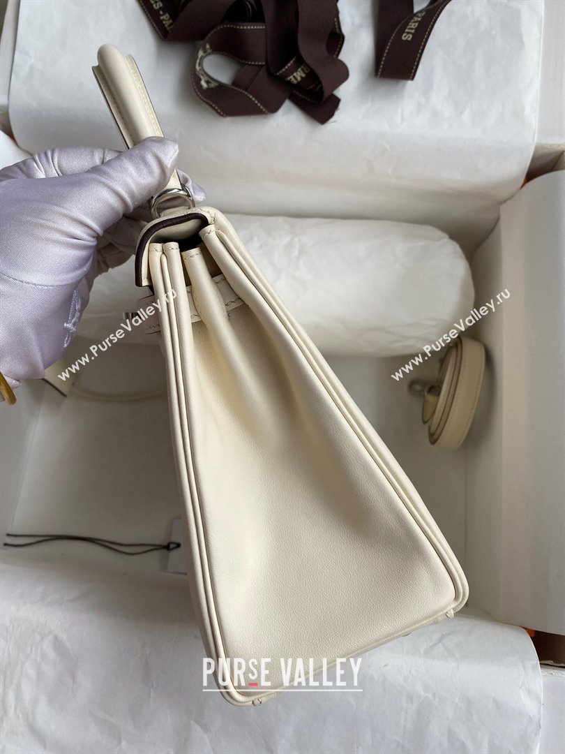 Hermes Kelly 25/28 Bag in Original Swift Leather Cream White/Silver 2024 (Full Handmade) (XYA-24040903)