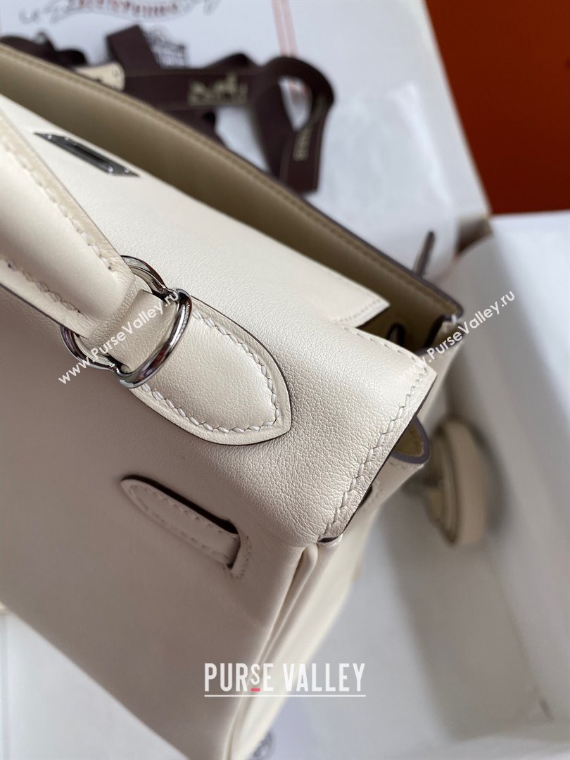 Hermes Kelly 25/28 Bag in Original Swift Leather Cream White/Silver 2024 (Full Handmade) (XYA-24040903)