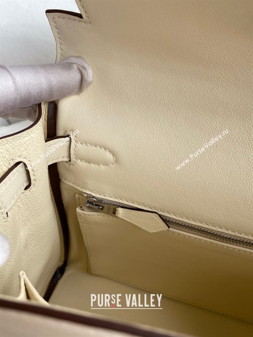 Hermes Kelly 25/28 Bag in Original Swift Leather Cream White/Silver 2024 (Full Handmade) (XYA-24040903)
