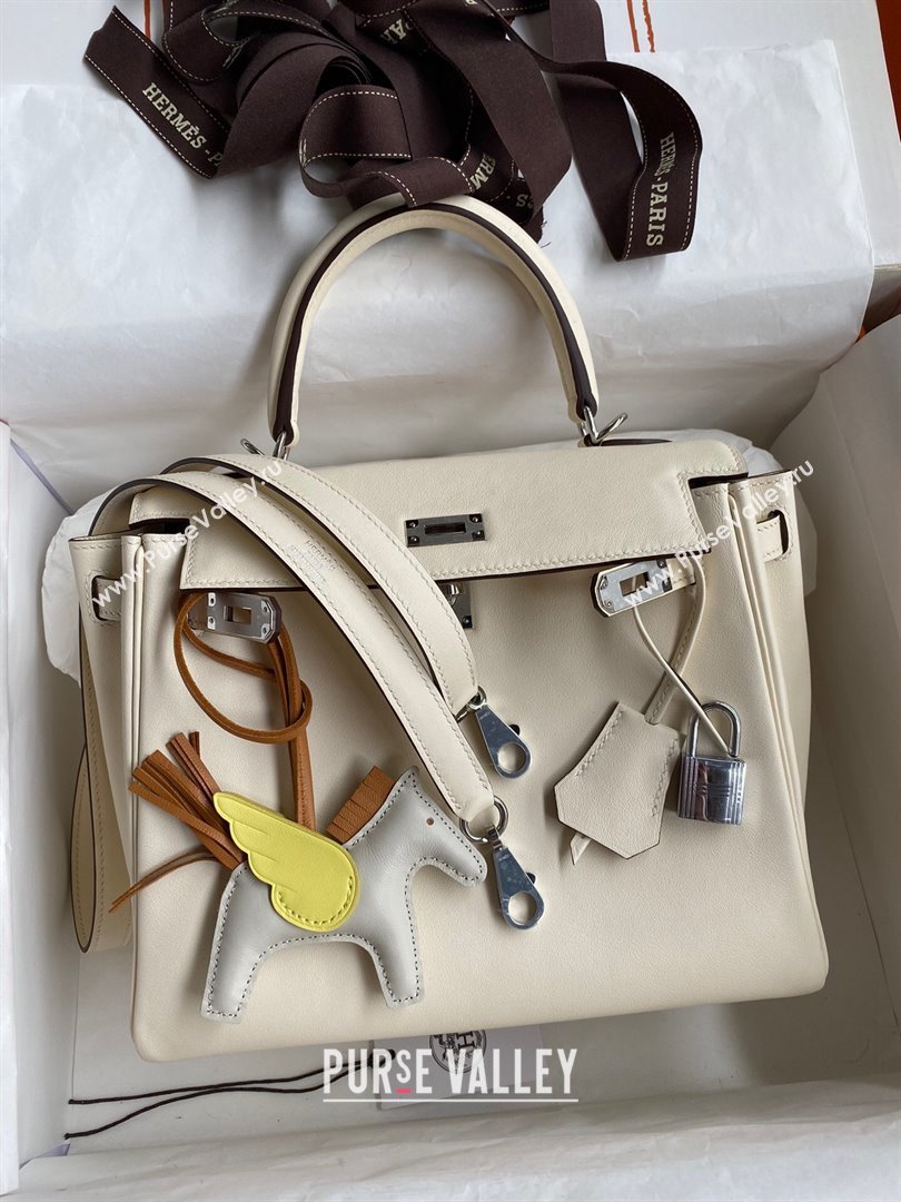Hermes Kelly 25/28 Bag in Original Swift Leather Cream White/Silver 2024 (Full Handmade) (XYA-24040903)