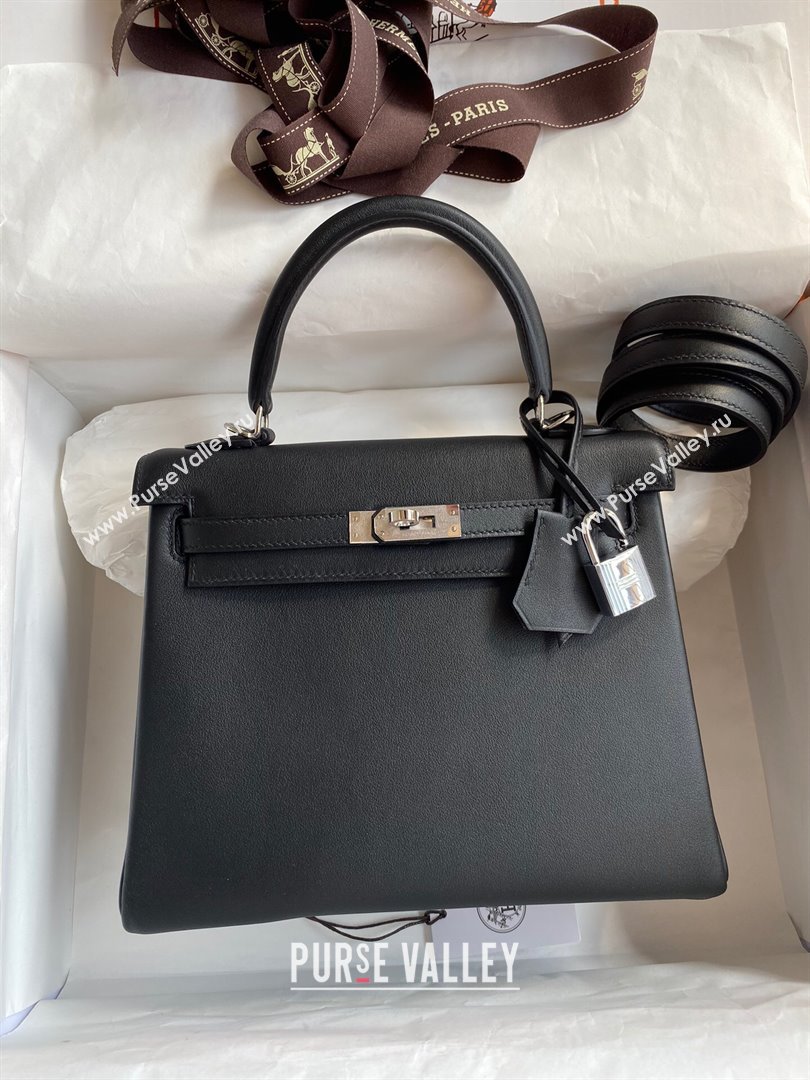 Hermes Kelly 25/28 Bag in Original Swift Leather Black/Silver 2024 (Full Handmade) (XYA-24040904)