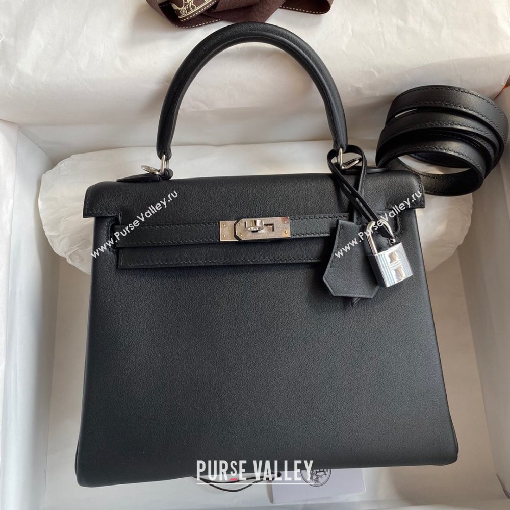 Hermes Kelly 25/28 Bag in Original Swift Leather Black/Silver 2024 (Full Handmade) (XYA-24040904)