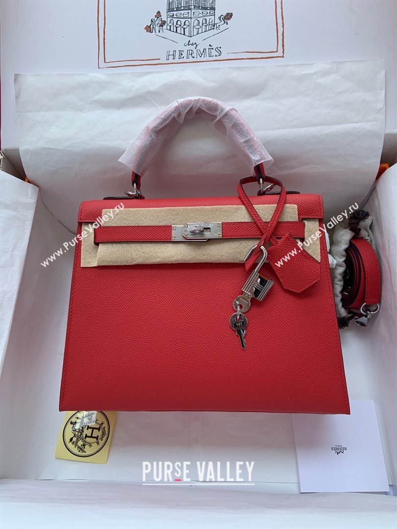 Hermes Kelly 25/28/32cm Bag in Original Epsom Leather Red/Silver 2024 (Handmand) (M-24021921)