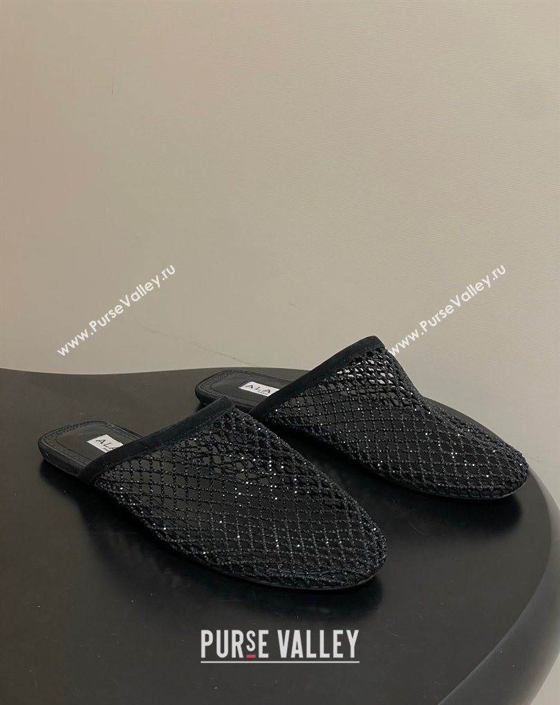 Alaia Flat Mules in Fishnet and Suede with Strass Black 2025 AL020703 (MD-260207057)