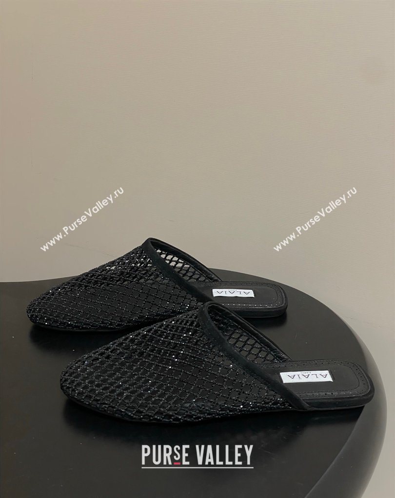 Alaia Flat Mules in Fishnet and Suede with Strass Black 2025 AL020703 (MD-260207057)
