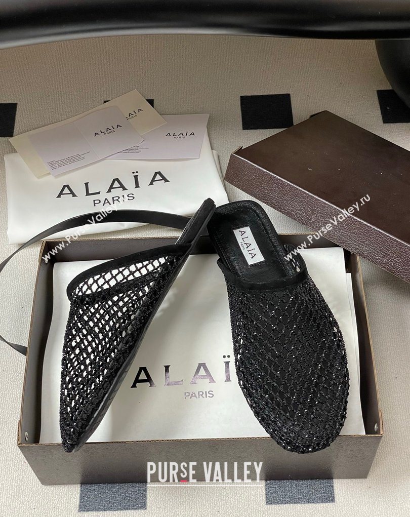 Alaia Flat Mules in Fishnet and Suede with Strass Black 2025 AL020703 (MD-260207057)