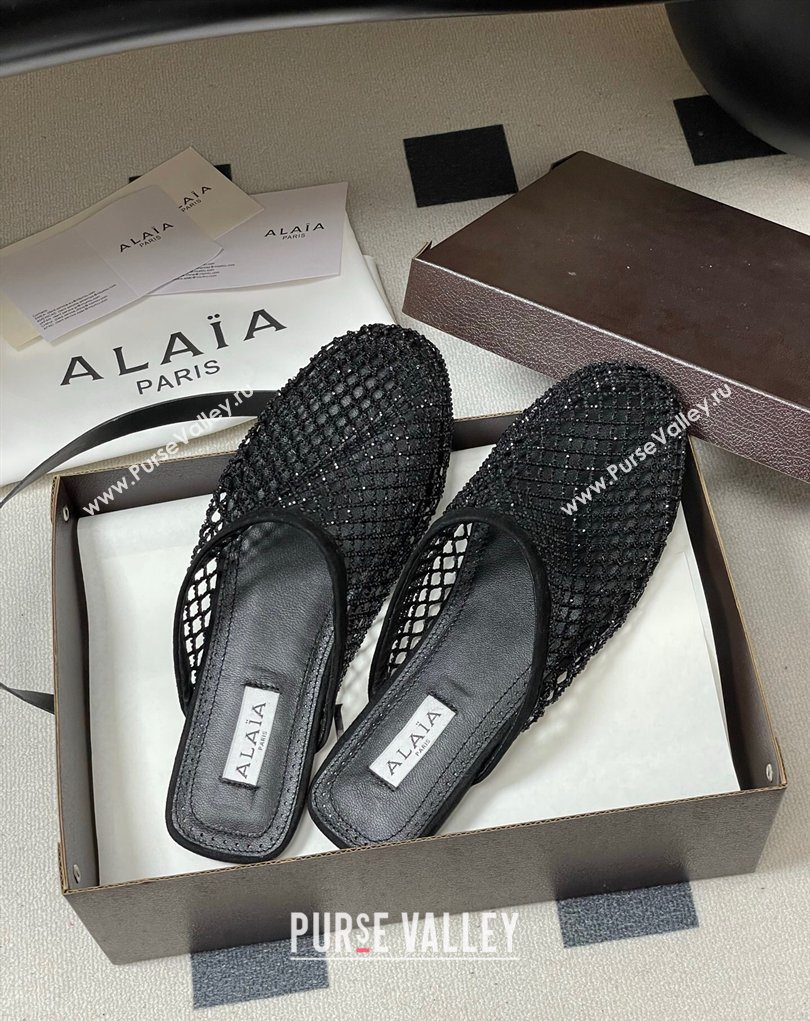 Alaia Flat Mules in Fishnet and Suede with Strass Black 2025 AL020703 (MD-260207057)