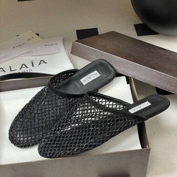Alaia Flat Mules in Fishnet and Suede with Strass Black 2025 AL020703 (MD-260207057)