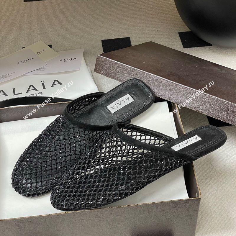 Alaia Flat Mules in Fishnet and Suede with Strass Black 2025 AL020703 (MD-260207057)