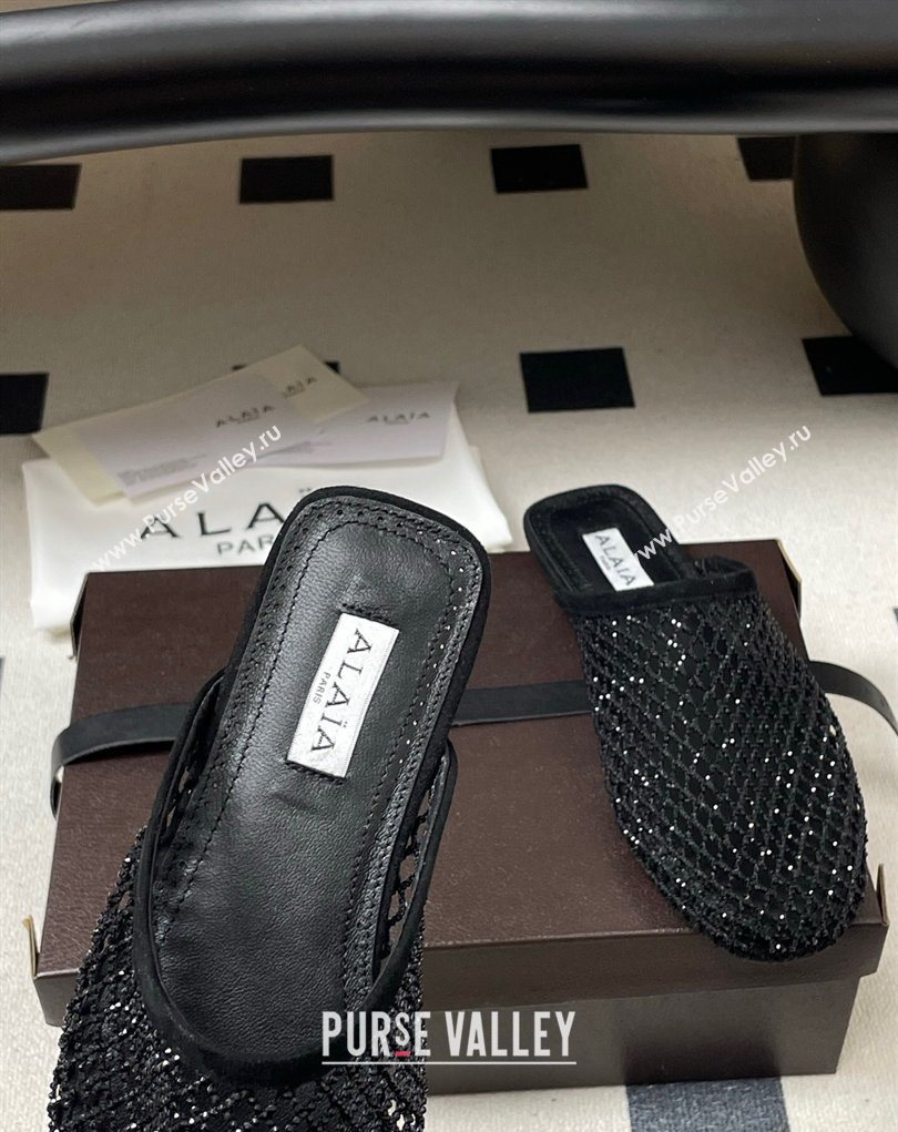 Alaia Flat Mules in Fishnet and Suede with Strass Black 2025 AL020703 (MD-260207057)