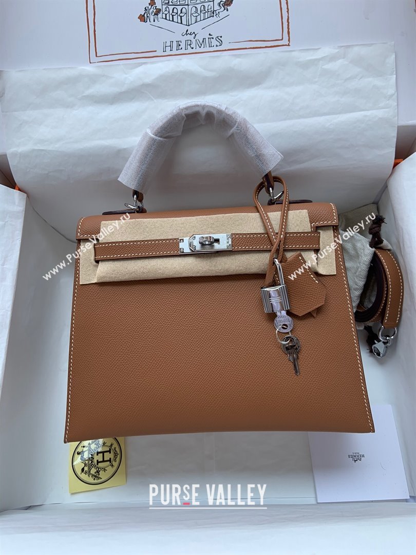 Hermes Kelly 25/28/32cm Bag in Original Epsom Leather Brown/Silver 2024 (Handmand) (M-24021922)